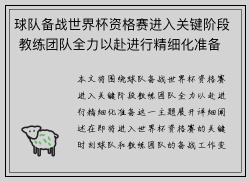 球队备战世界杯资格赛进入关键阶段 教练团队全力以赴进行精细化准备